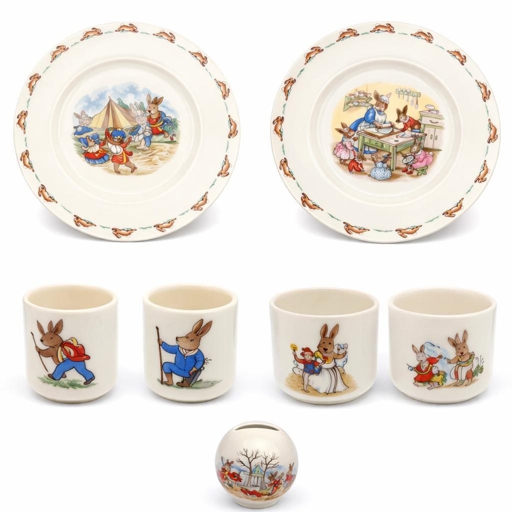 Royal Doulton Bunnykins 7 Pc Lot Plates Cups Mug Coin Bank Vintage